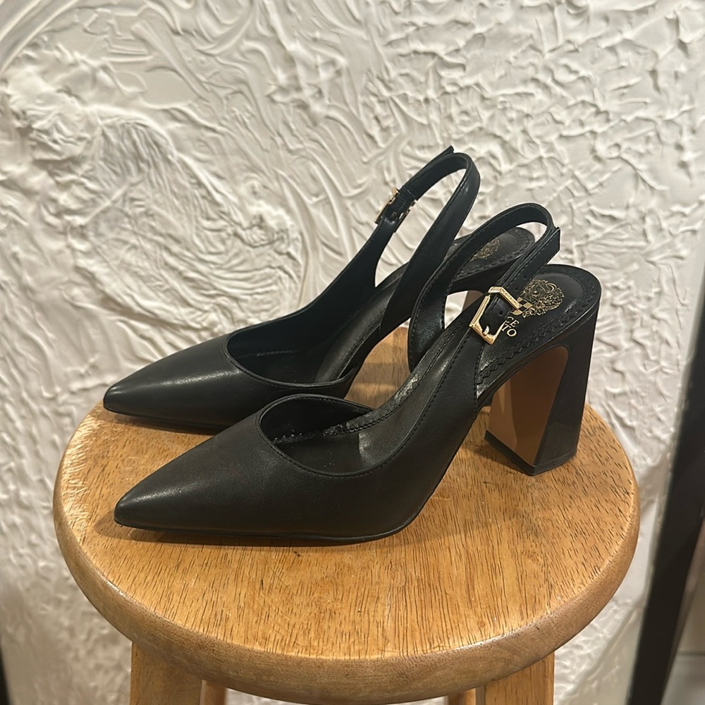 Vince Camuto Black Leather Block Heel Pumps